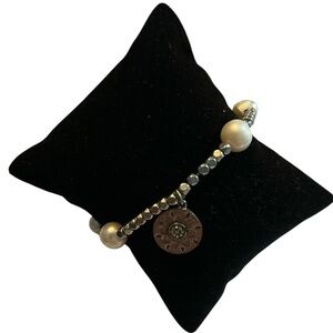 J. Jill Silver and White Pearl Bracelet with Medallion Charm Stretch Bracelet